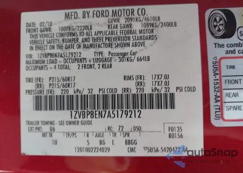 2010 Ford Mustang V6/V6 Premium из США, поврежденный, VIN 1ZVBP8EN7A5179212